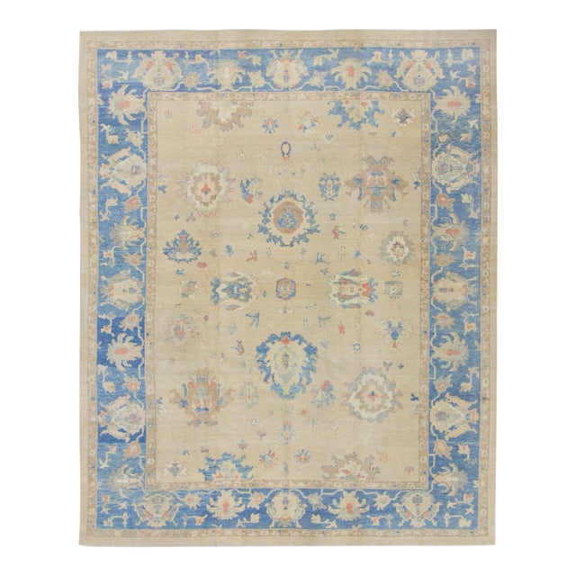 Early 21st Century Tan & Blue Handwoven Turkish Oushak Rug 11'8" X 14'9" For Sale