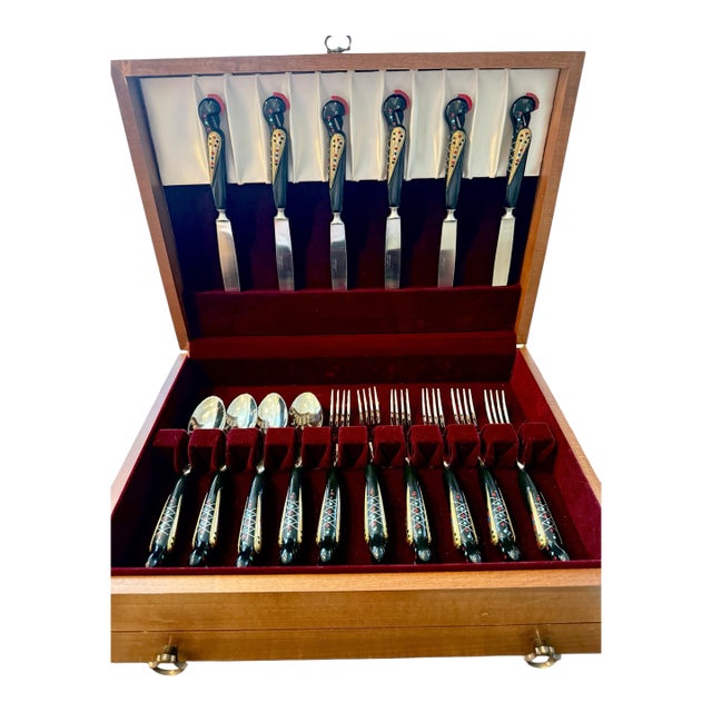 Vintage Lebanese Unique Black Gold Phoenix Silverware Set for 6 With Salad and Carving Set in Velvet Case For Sale