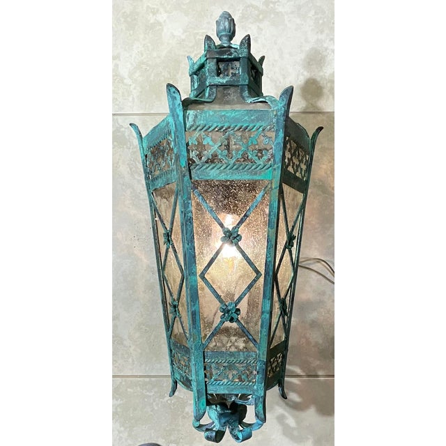 Art Deco Magnificent Single Vintage Bronze & Brass Hexagonal Wall Lantern Sconce For Sale - Image 3 of 17