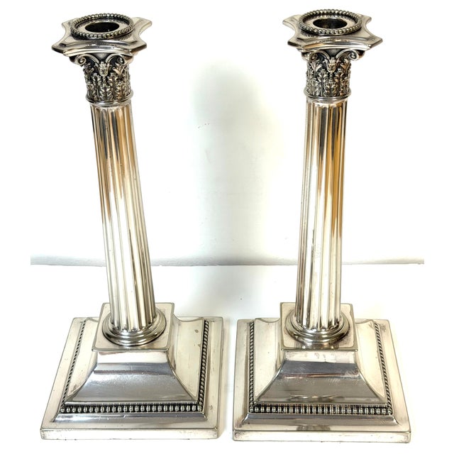 Early 20th Century Pair of Sheffield Plated Corinthian Column Candlesticks Attributed to Elkington For Sale - Image 5 of 12