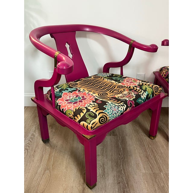 Textile 1960s Pair Asian Occasional Chairs Attributed James Mont Tiger Pattern Fabric For Sale - Image 7 of 7