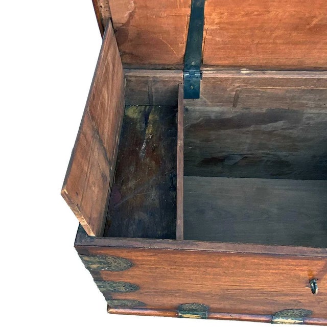 Mid 18th Century Indo-Portuguese Goan Brass Mounted Teak Storage Trunk on Wheels For Sale In Denver - Image 6 of 17