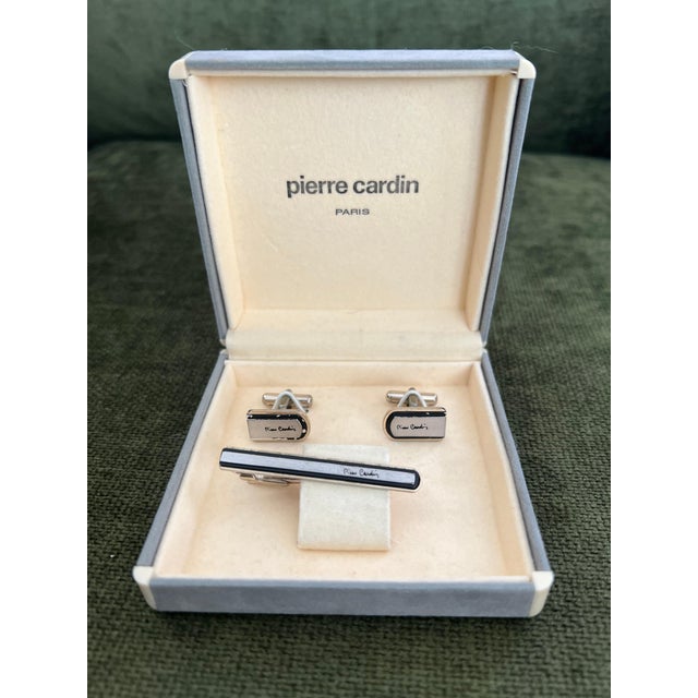 Silver Vintage PIERRE CARDIN Steel Cufflinks & Tie Clip With Original Case Circa 1970 For Sale - Image 8 of 11