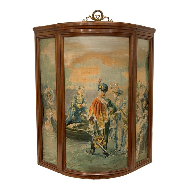 19th Century Napoleon III Style Three-Panel Painted Canvas Fireplace Screen For Sale