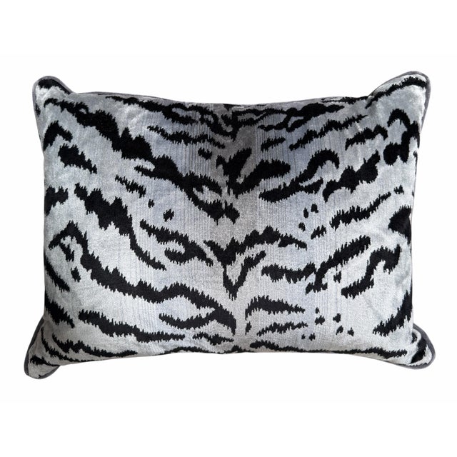 Modern Scalamandre Silk Velvet Tigre Silver & Black Down Pillow For Sale - Image 3 of 4