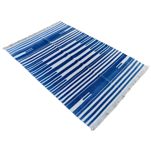Handmade Cotton Natural Vegetable Dyed Flat Weave Reversible Blue and White Striped Rug - 8'x10' For Sale - Image 11 of 11