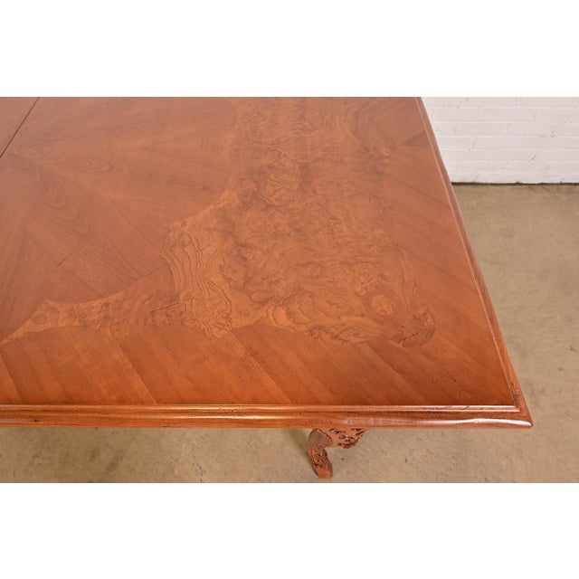 Baker Furniture Italian Provincial Carved Cherry and Burl Wood Extension Dining Table, Newly Refinished For Sale - Image 14 of 17