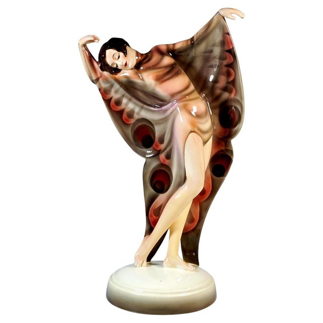 Beige Art Deco Dancer in Butterfly Dress attributed to Josef Lorenzl for Goldscheider, 1930s For Sale - Image 8 of 8
