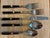 This set of flatware has dark brown resin handles streaked with black. Rivets and all metal parts are stainless steel....