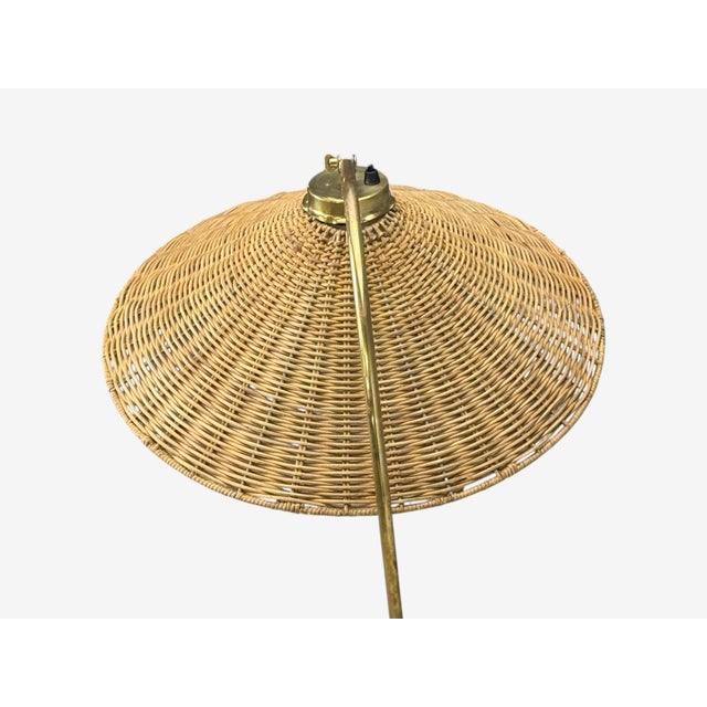Brass 1950s V. Soini Oy, Rare Floor Lamp, Brass, Leather, Rattan For Sale - Image 8 of 11