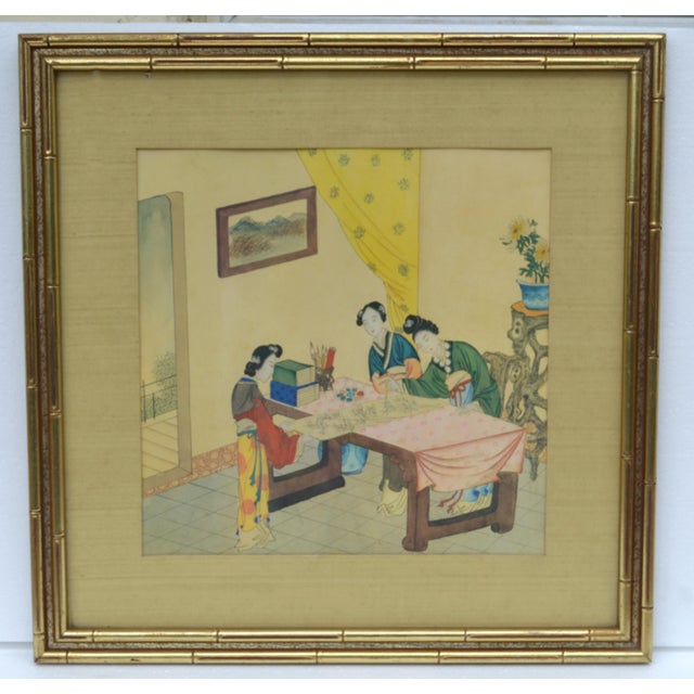 Gilt Wood Framed Qing Dynasty Chinese Family Watercolor Painting on Paper For Sale - Image 17 of 17