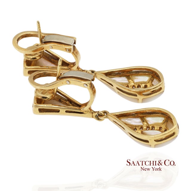 18k Yellow Gold 0.50 Ct Natural Diamond and Mother of Pearl Omega Back Earrings, Pair For Sale - Image 9 of 14