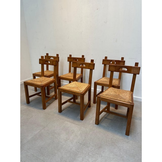 Brutalist Oak Dining Table with Chairs, Set of 7 For Sale - Image 4 of 7