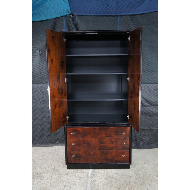 1980s Henredon Scene Three Art Deco Style Walnut Burl Black Lacquer Armoire Wardrobe For Sale - Image 6 of 11
