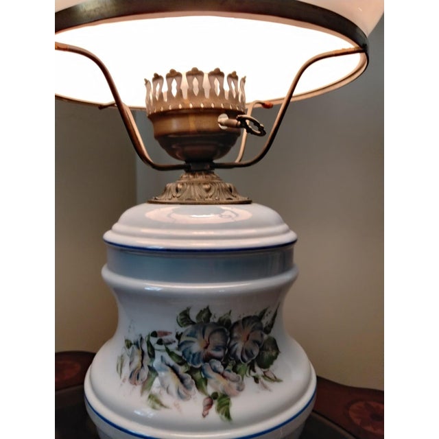 English Mid-20th Century Plymouth Harlee Table Lamp With Blue Floral Accents on Milk Glass For Sale - Image 3 of 5