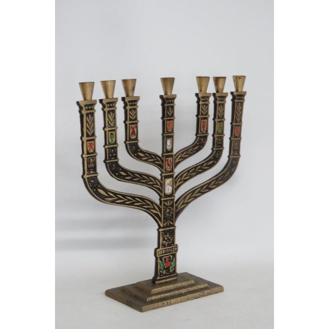 Jerusalem Seven Branch Brass Menorah Enamel Shields 12 Tribes of Israel 4504b For Sale - Image 4 of 14