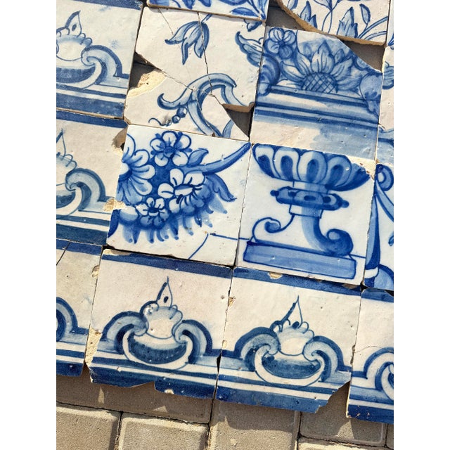 Baroque Antique 18th Century Portuguese Blue & White Flowerpiece on a Classical Stand Tile Mural For Sale - Image 3 of 16