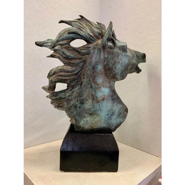 Original Bronze Mustang Bust Sculpture With Verdigris Finish For Sale - Image 4 of 12