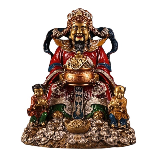 Late 19th Century Polychrome Bronze God of Wealth Statue With Attendants, 4.2kg For Sale