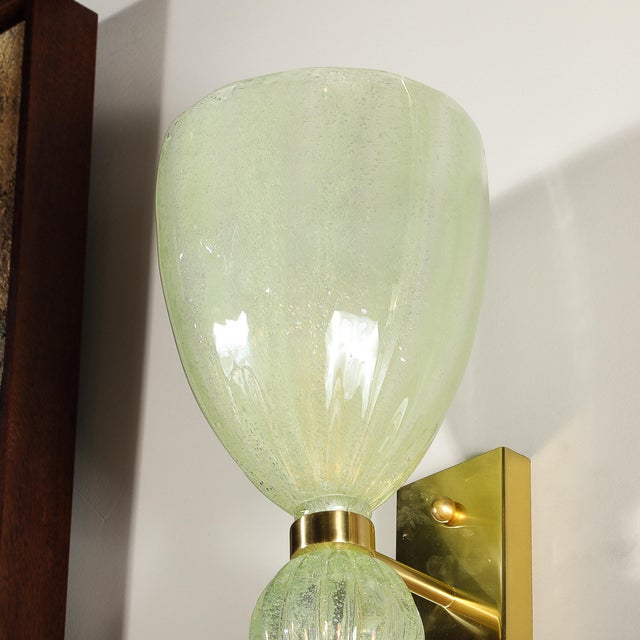 Modern Pair of Modernist Pale Jade Hand-Blown Murano Glass Sconces W/ Brass Fitting For Sale - Image 3 of 12