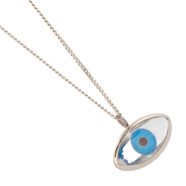 Metal Protective Blue Evil Eye Glass Pendant Sterling Silver Necklace For Sale - Image 7 of 8