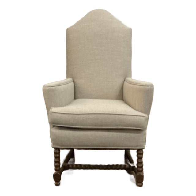 Small Scale Antique Wing Chair With Bobbin Turned Front Legs and Stretcher For Sale