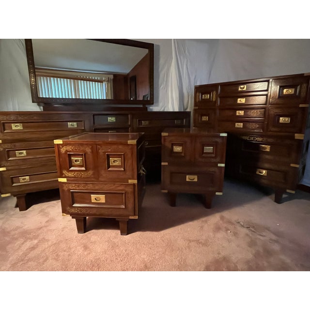 Late 20th Century Vintage Latif Bros 100% Solid Rosewood Bedroom Furniture With Brass Hardware - Set of 5 For Sale - Image 5 of 12