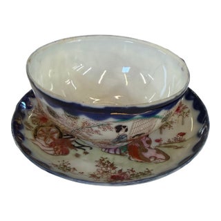 Antique Handpainted Cup and Saucer Geisha in Garden 1860s For Sale