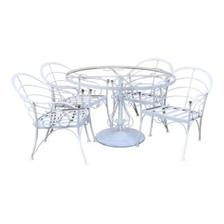 Late 20th Century Patio or Garden Clear Glass Top Umbrella Table & 4 Chairs For Sale