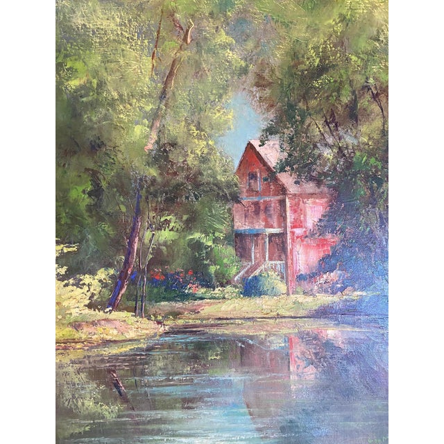 A charming mid-20th-century french oil painting capturing a serene watermill or rustic house nestled beside a river,...