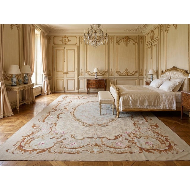 9x12 Vintage Aubusson Flat Weave Wool Rug, Beige Rose Medallion For Sale - Image 13 of 13