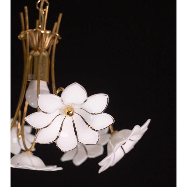 Metal Petite Murano Vintage Chandelier White Flowers, 1970 For Sale - Image 7 of 9