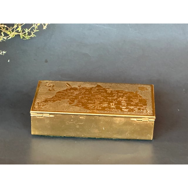 Contemporary Vintage Brass Cigarette Box With Etched Pictorial Map For Sale - Image 3 of 12