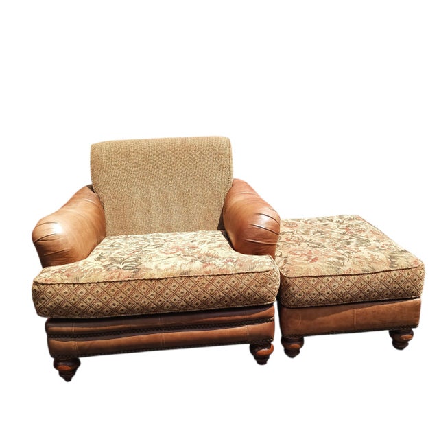 American-Made Luxury Ricardo Leather/Fabric Chair and Ottoman Set by King Hickory. For Sale - Image 10 of 12