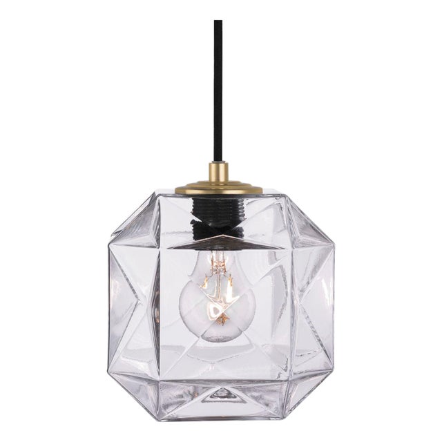 Contemporary Mimo by Oggetti Clear Glass Cube Pendant With Brass Hardware For Sale