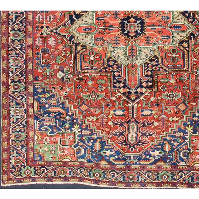 Tribal Colorful Antique Persian Heriz-Serapi With Geometric Medallion Design 9'5" X 12'0" For Sale - Image 3 of 10