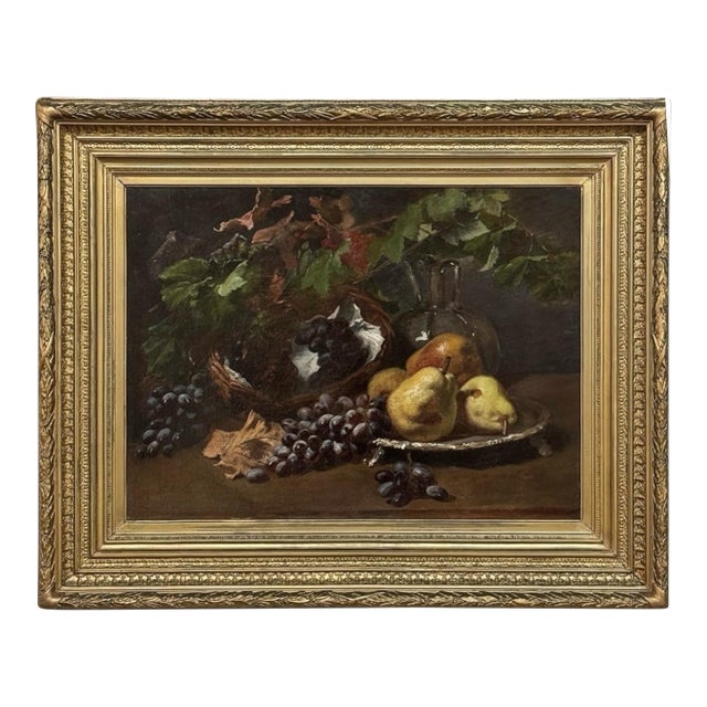 19th Century Framed Oil on Canvas by A. Wauquier in the Original Gilded Frame ~ 'Still Life With Grapes' For Sale