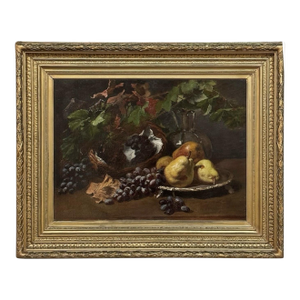 19th Century Framed Oil on Canvas by A. Wauquier in the Original Gilded Frame ~ 'Still Life With Grapes'