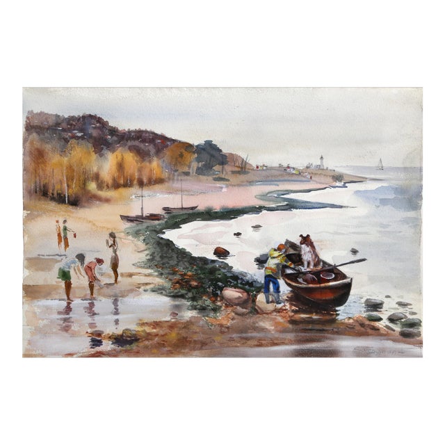 By the Shore, Erik Freyman Watercolor With Pastels on Paper, Signed in Pen For Sale