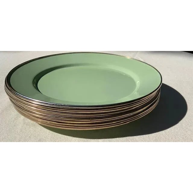 MacKenzie-Childs Sage Green Enamel Charger Plate, Handmade Metal Rim, 12", Aurora Ny — Set Available For Sale - Image 17 of 18