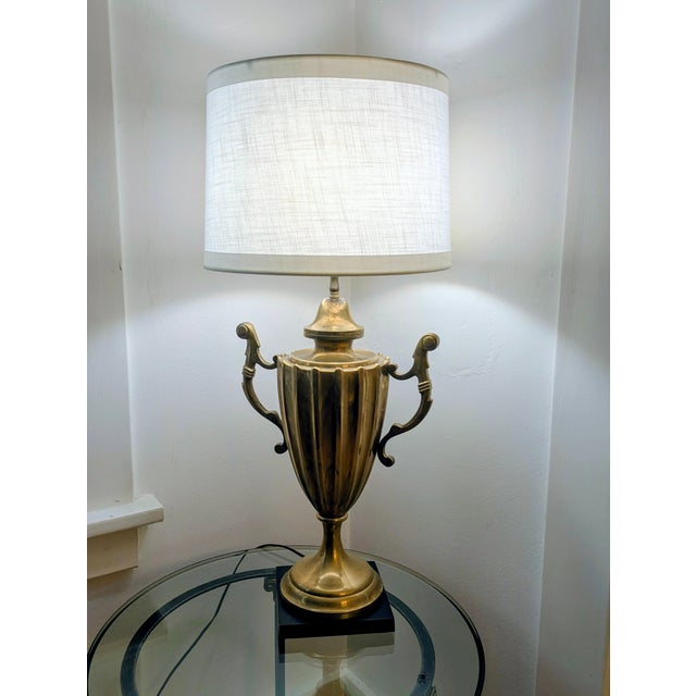 Regal Chapman Ralph Lauren style Trophy Urn Lamp Silver Plate on Square Black Base with White Linen Shade Shade Dimensions...