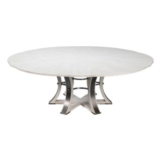 Transitional Round Dining Table, Large - White Oak With Hammered Iron Base For Sale