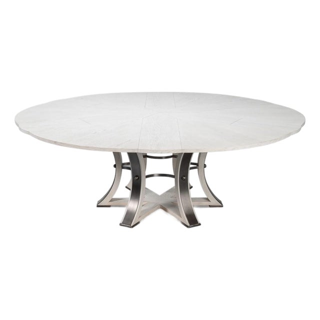 Transitional Round Dining Table, Large - White Oak With Hammered Iron Base For Sale
