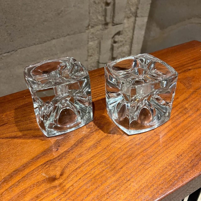 Iittala 1960s Crystal Glass Modern Cube Candle Holder Pair For Sale - Image 4 of 10