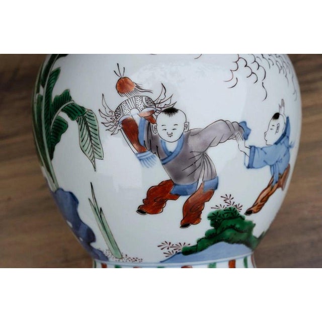 20th Century Chinese Wucai Porcelain Figural Vase with Scholars and Children For Sale - Image 16 of 18