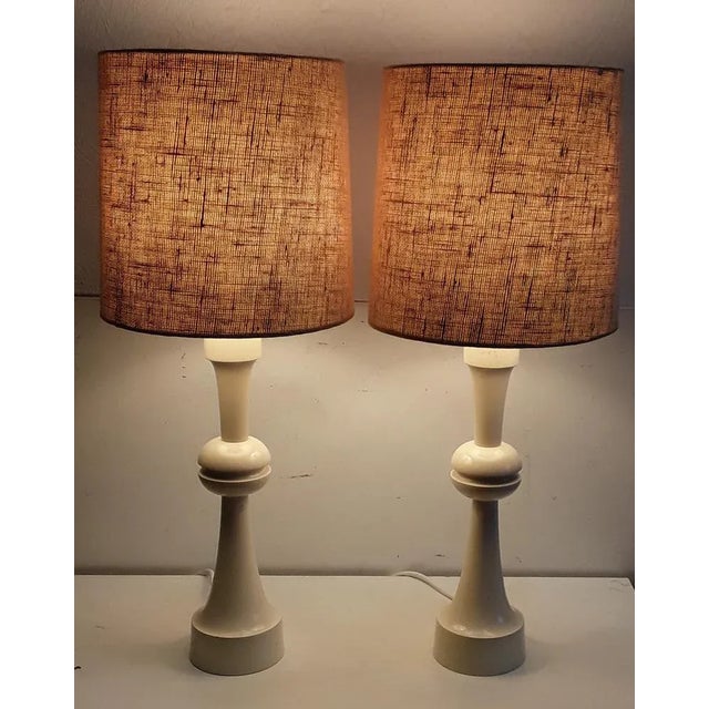 Vintage Table Lamps with Creamy White, Profiled Pillar Foot & Gem Fabric Shade, 1970s, Set of 2 For Sale - Image 4 of 5