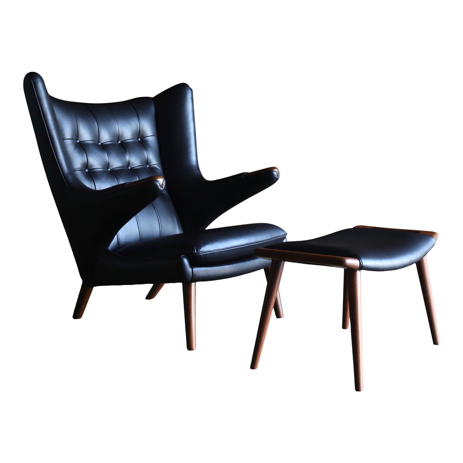 hans j wegner black leather papa bear chair  ottoman for ap stolen