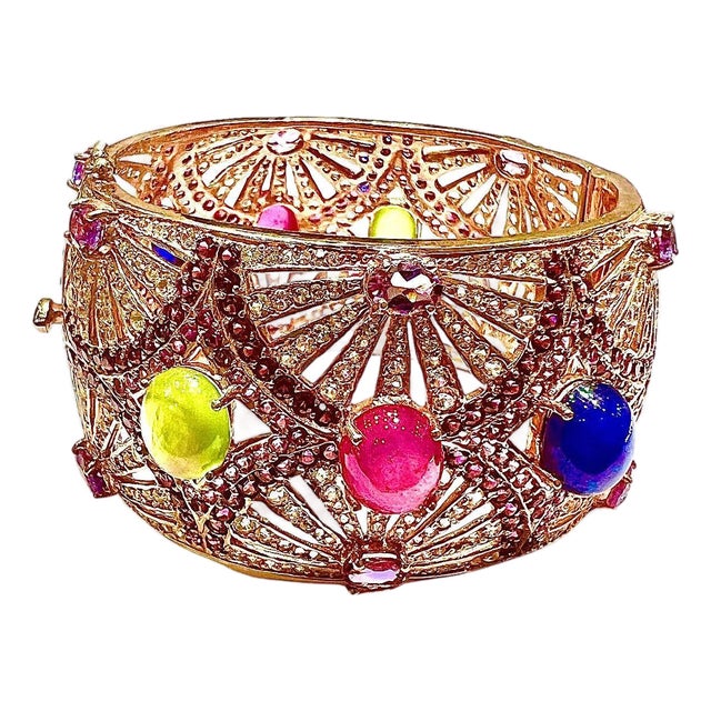 Bochic "Capri" Natural Ruby, Sapphire & Emerald Cuff Set In 18K Gold & Silver For Sale