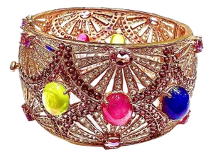 Bochic "Capri" Natural Ruby, Sapphire & Emerald Cuff Set In 18K Gold & Silver