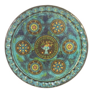Vintage Turquoise Blue Decorated Metal Cocktail Drinks Tray Made by Baret Ware For Sale